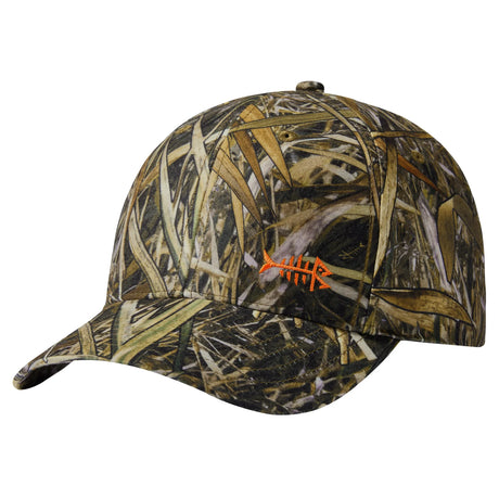 Bassdash camo fishing cap in reed and grass wetland camouflage with orange fishbone logo