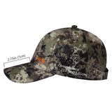 Bassdash camo fishing cap size diagram - 7 cm peak length and 53 to 61 cm adjustable head circumference