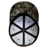 Underside of the Bassdash camo fishing cap showing six-panel construction, taped seams and sweatband