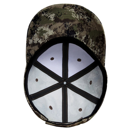 Underside of the Bassdash camo fishing cap showing six-panel construction, taped seams and sweatband