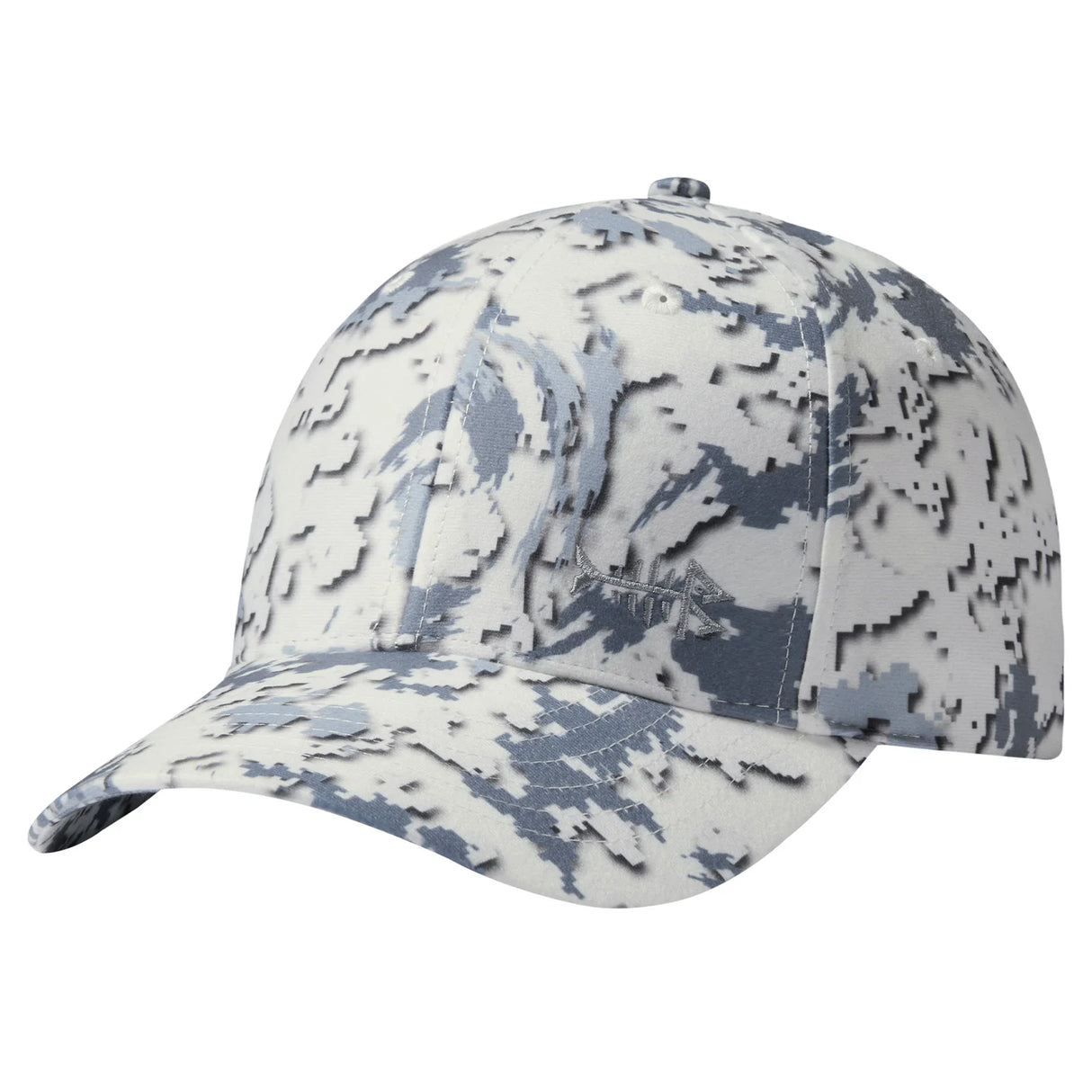 Bassdash camo fishing cap in white and grey snow camouflage, angled front view
