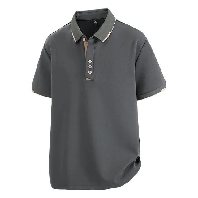 Dark grey tipped-collar polo shirt, front view