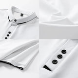 Close-ups of the white polo: tipped collar, three-button placket and tipped sleeve