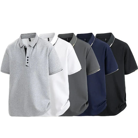 The tipped-collar polo in light grey, white, dark grey, navy and black