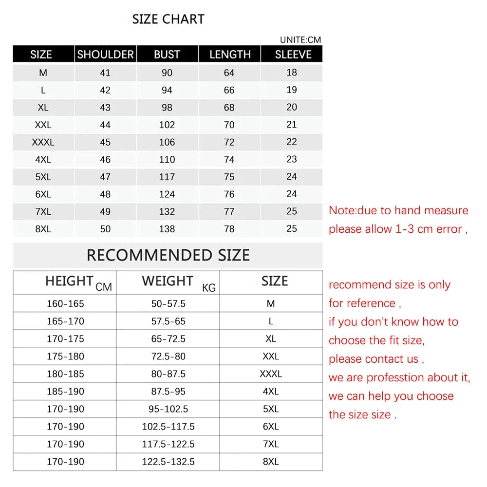 Supplier's size chart, M to 8XL: shoulder, bust, length and sleeve in centimetres, with suggested height and weight