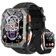 Blackview W80 Pro square smartwatch in Black: steel-grey case, orange buttons, black silicone strap, inset on a woven strap