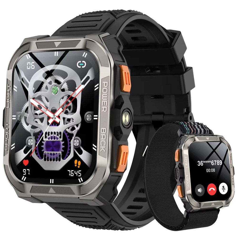 Blackview W80 Pro square smartwatch in Black: steel-grey case, orange buttons, black silicone strap, inset on a woven strap