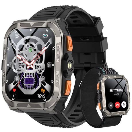 Blackview W80 Pro square smartwatch in Black: steel-grey case, orange buttons, black silicone strap, inset on a woven strap