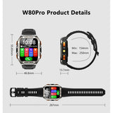 W80 Pro size drawing: 55.65 x 46.8 mm case, 13.7 mm thick, wrist fit 154 to 250 mm, 267 mm overall