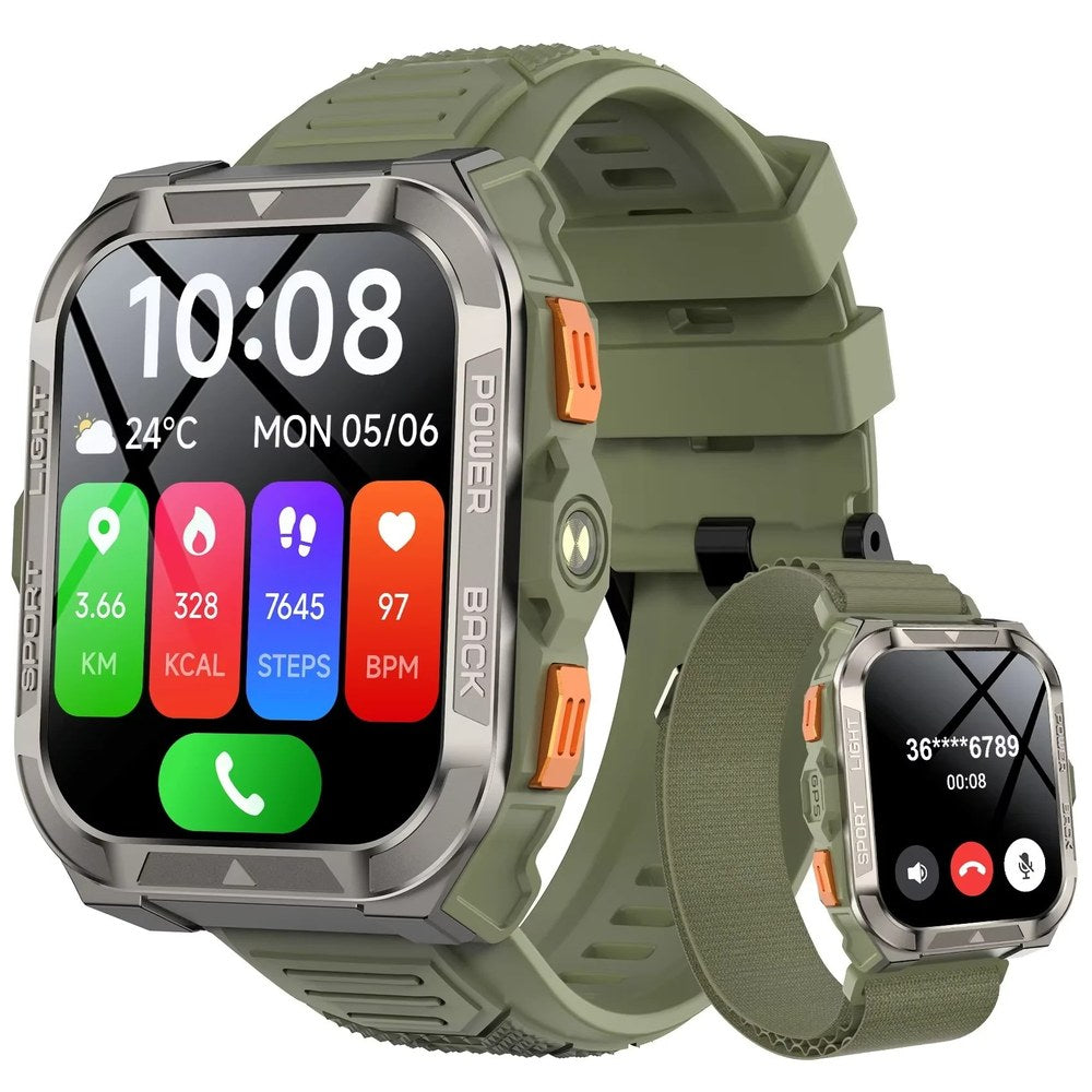 Blackview W80 Pro in Green: steel-grey case, orange buttons, green silicone strap, small inset on a woven strap