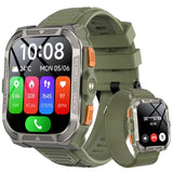 Blackview W80 Pro in Green: steel-grey case, orange buttons, green silicone strap, small inset on a woven strap