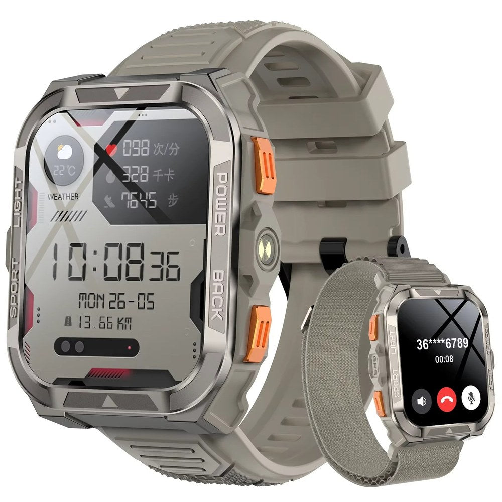 Blackview W80 Pro in Khaki: steel-grey case, orange buttons, khaki silicone strap, small inset on a woven strap