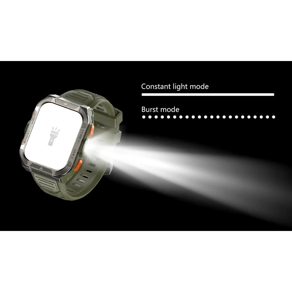 Green W80 Pro with its torch beam on, beside the constant light and burst torch modes
