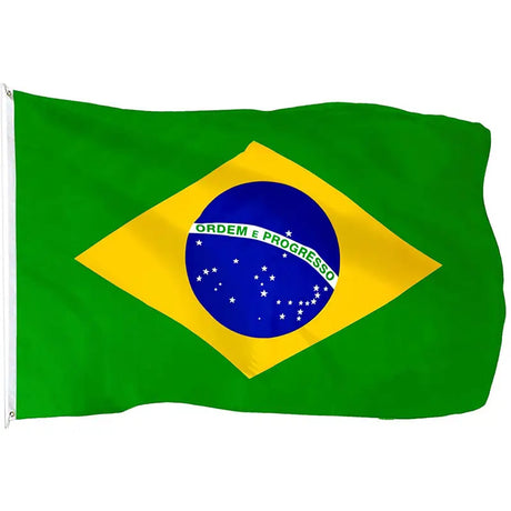 Brazil flag in printed polyester: green with yellow diamond and blue globe; white header strip with metal eyelets at left