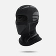 Black knit balaclava with grey panels and a mesh-knit mouth area