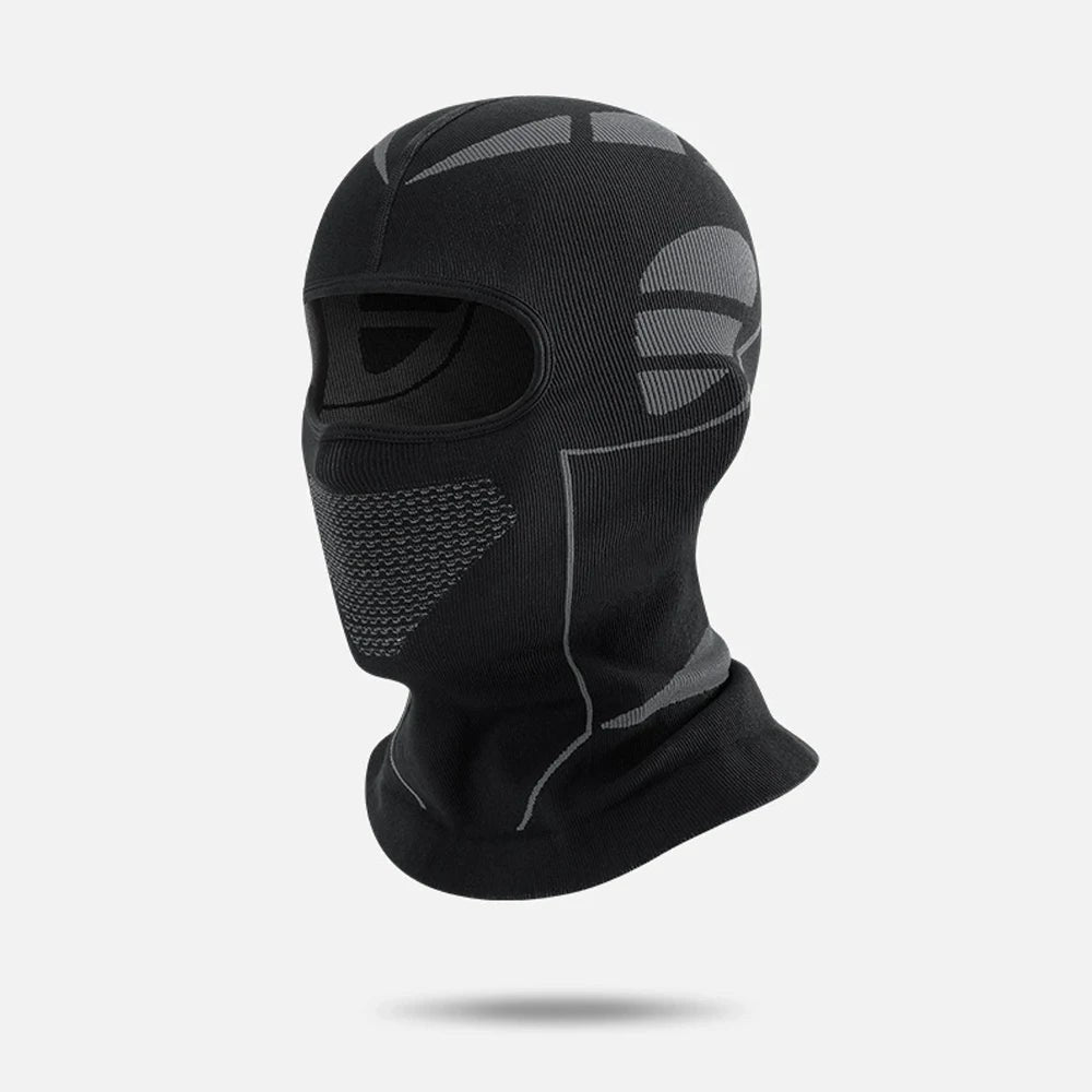 Black knit balaclava with grey panels and a mesh-knit mouth area