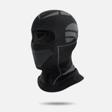 Black knit balaclava with grey panels and a mesh-knit mouth area