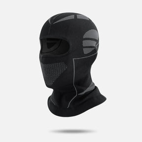 Black knit balaclava with grey panels and a mesh-knit mouth area