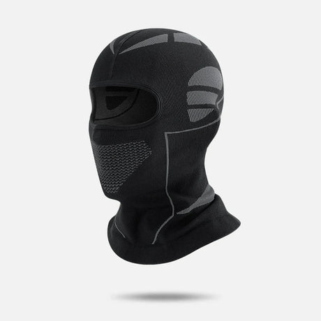 Black knit balaclava with grey panels and a mesh-knit mouth area