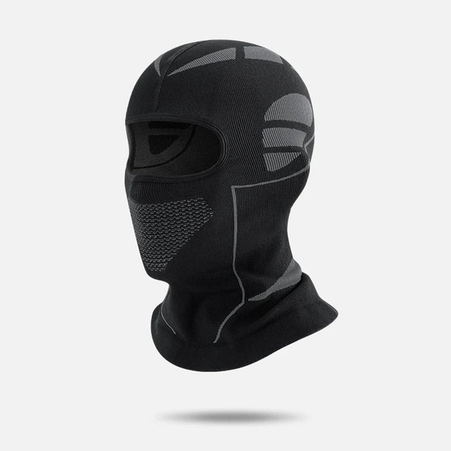 Black knit balaclava with grey panels and a mesh-knit mouth area
