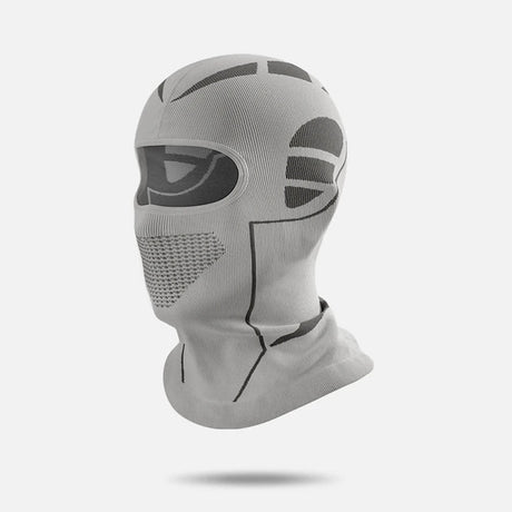 Grey knit balaclava with darker panels and a mesh-knit mouth area