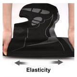 Two hands stretching the black balaclava sideways to show the elastic knit