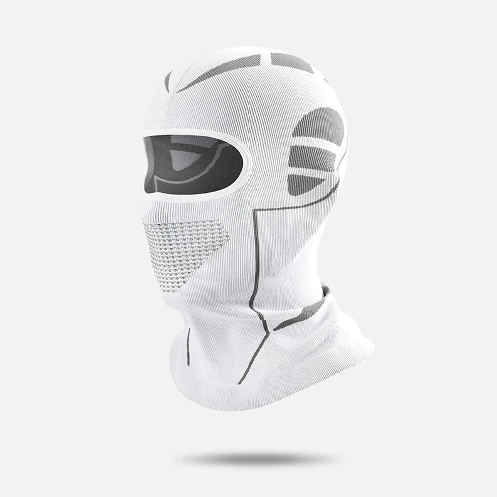 White knit balaclava with grey panels and a mesh-knit mouth area