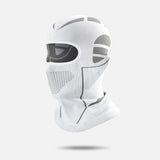 White knit balaclava with grey panels and a mesh-knit mouth area