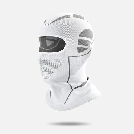 White knit balaclava with grey panels and a mesh-knit mouth area