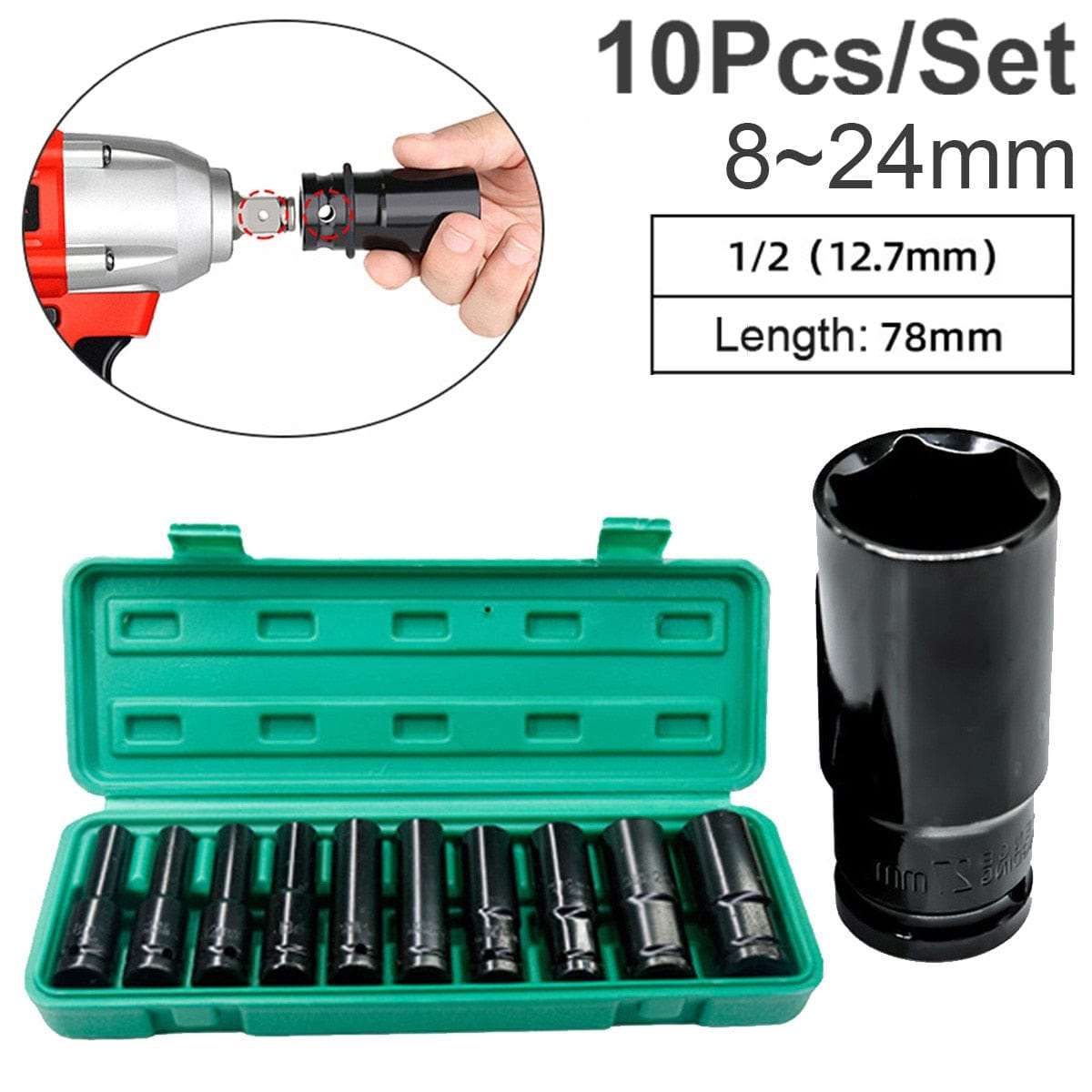 10PCS Impact Socket Set 1/2 Drive Hex 8-24mm tools BushLine   