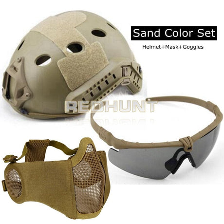 Vented Light Weight Helmet + Goggles + Steel Mask helmets BushLine sand  