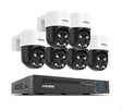 Six H.View pan-tilt cameras arranged in front of the 8-channel PoE recorder
