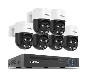 Six H.View pan-tilt cameras arranged in front of the 8-channel PoE recorder