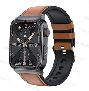 Brown leather strap option, front three-quarter view with a rose gold analogue face