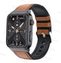 Brown leather strap option, front three-quarter view with a rose gold analogue face