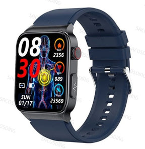 Blue silicone strap option, front three-quarter view on a plain background