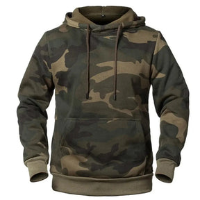 Green camo pullover hoodie, all-over print, front view