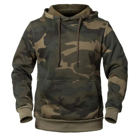 Green camo pullover hoodie, all-over print, front view
