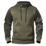 Army green hoodie with camo sleeves, front view
