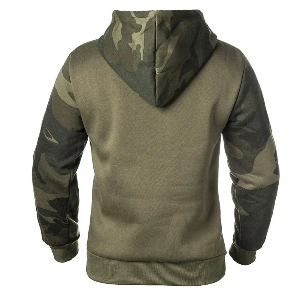 Back view of the army green hoodie with camo sleeves and camo hood lining