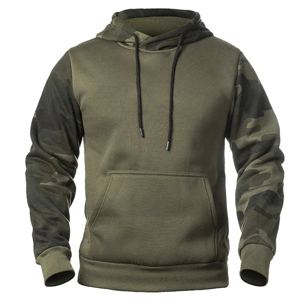 Army green pullover hoodie with camo sleeves and a kangaroo pocket