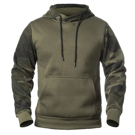 Army green pullover hoodie with camo sleeves and a kangaroo pocket