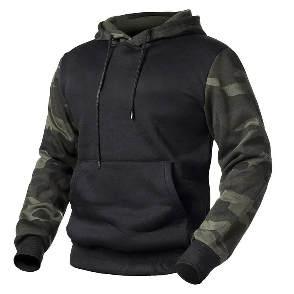 Black hoodie with camo sleeves, front view