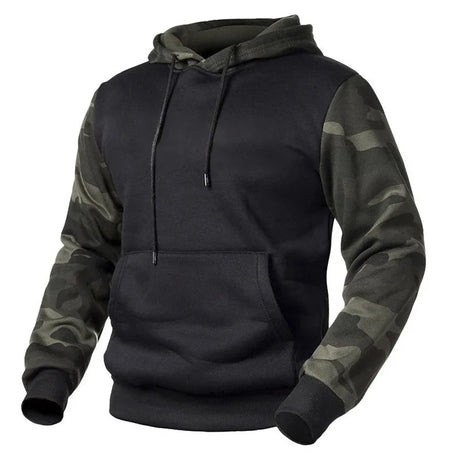 Black hoodie with camo sleeves, front view