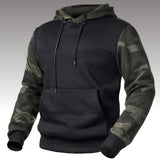 Black pullover hoodie with camo sleeves and a kangaroo pocket