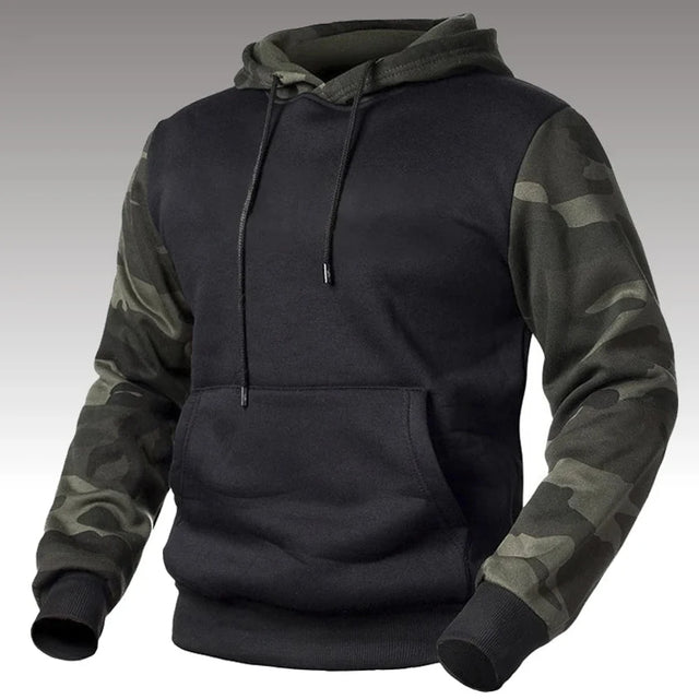 Black pullover hoodie with camo sleeves and a kangaroo pocket