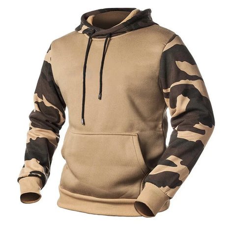 Khaki hoodie with camo sleeves, front view