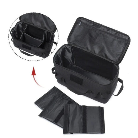 Black camp kitchen bag with its two removable dividers taken out