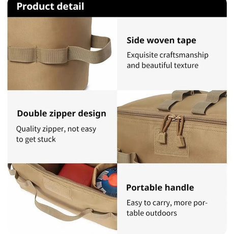 Close-ups of the bag: side webbing, double zip pullers and carry handles