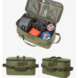 Army green camp kitchen bag open and packed with cookware and gas canisters